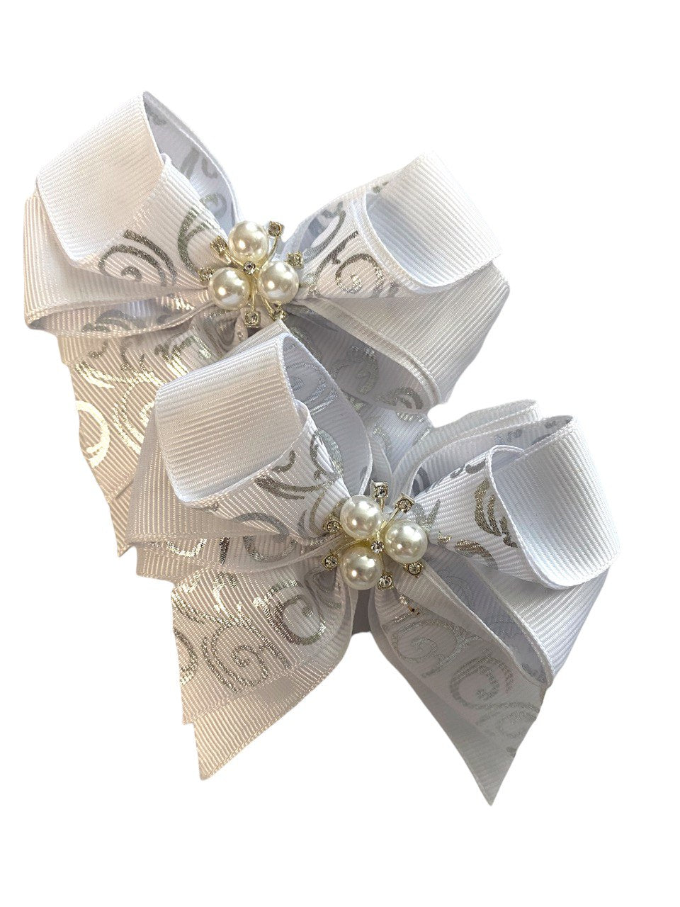 White Pearl Double Ribbon Hair Tie Set